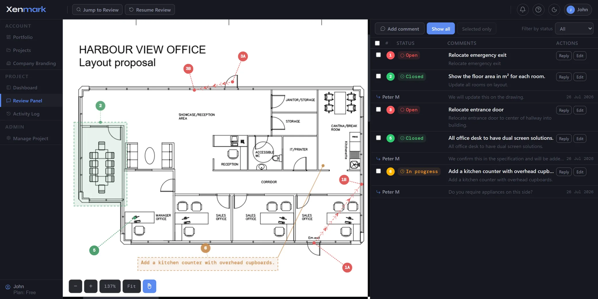 The Xenmark review panel showing a floor plan with numbered pin comments beside their status list