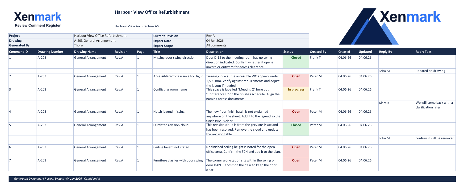 Xenmark comment list export showing numbered review items, statuses, and replies in a structured table